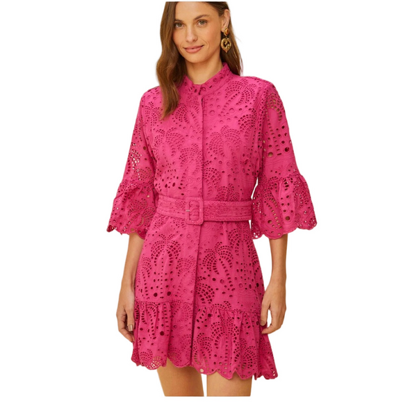 FARM Rio Dresses & Skirts - NWT FARM RIO PINK PALM TREE Print Fuchsia Eyelet Ruffle Lace Boho Mini Dress